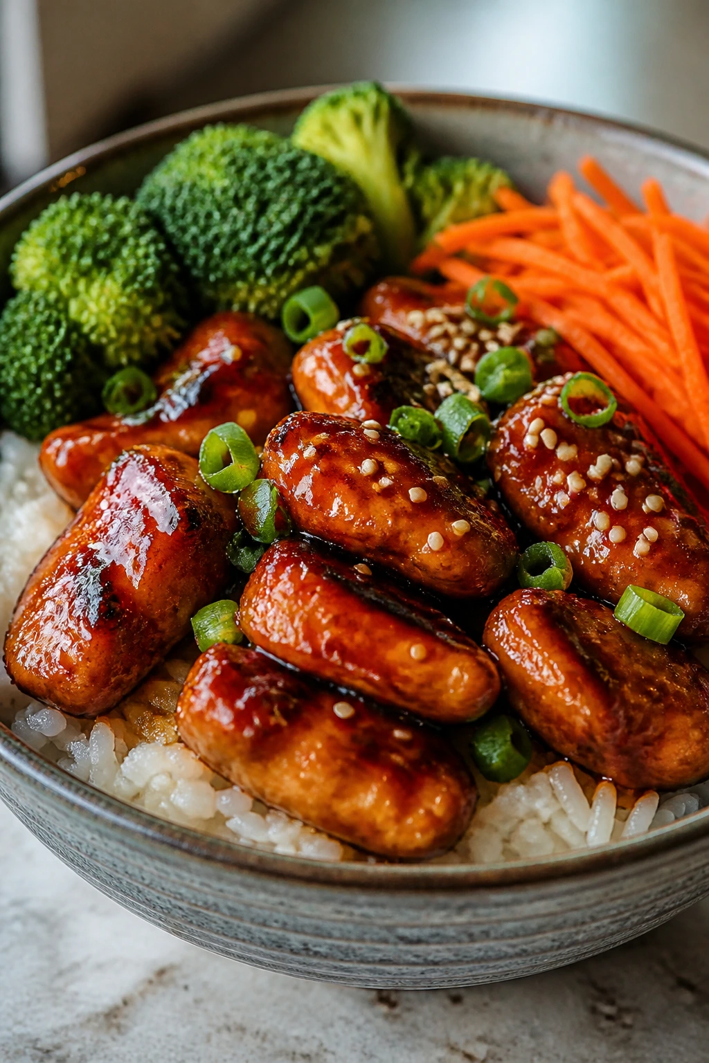 Glossy teriyaki chicken over rice with broccoli and carrots in a bowl