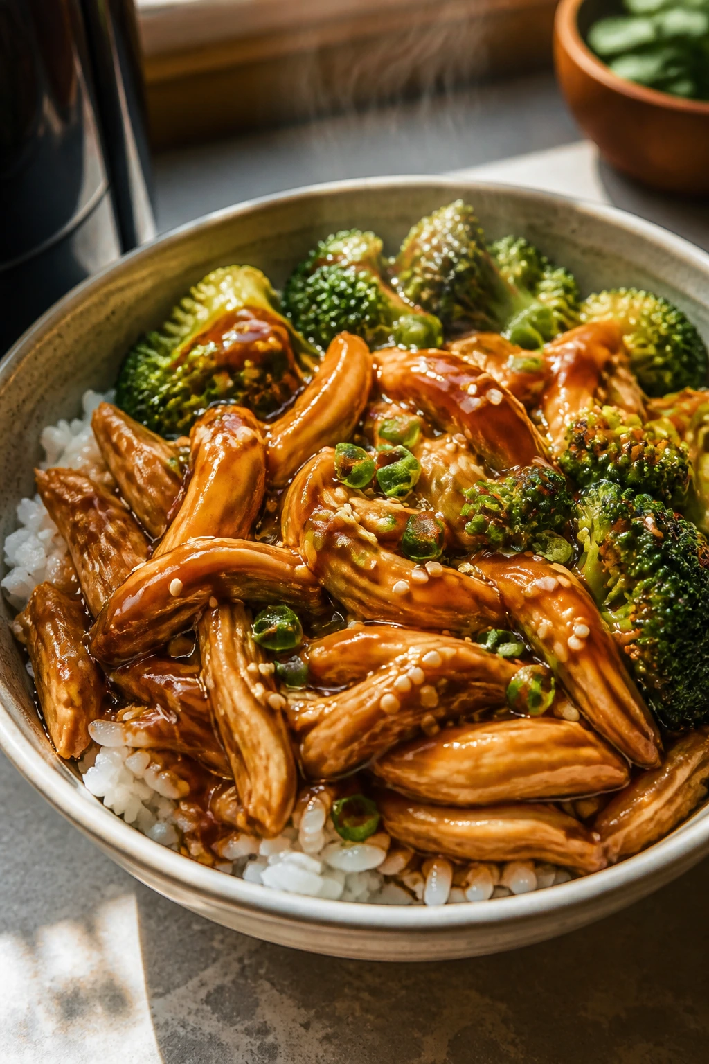 Close-up of teriyaki chicken bowls with broccoli over rice on a kitchen counter