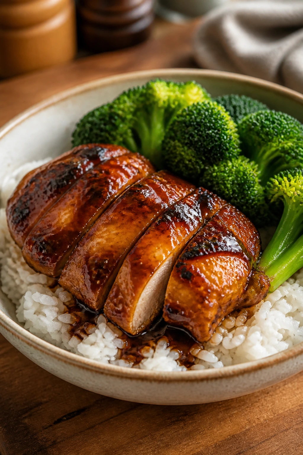 Glossy teriyaki chicken thigh over rice with broccoli