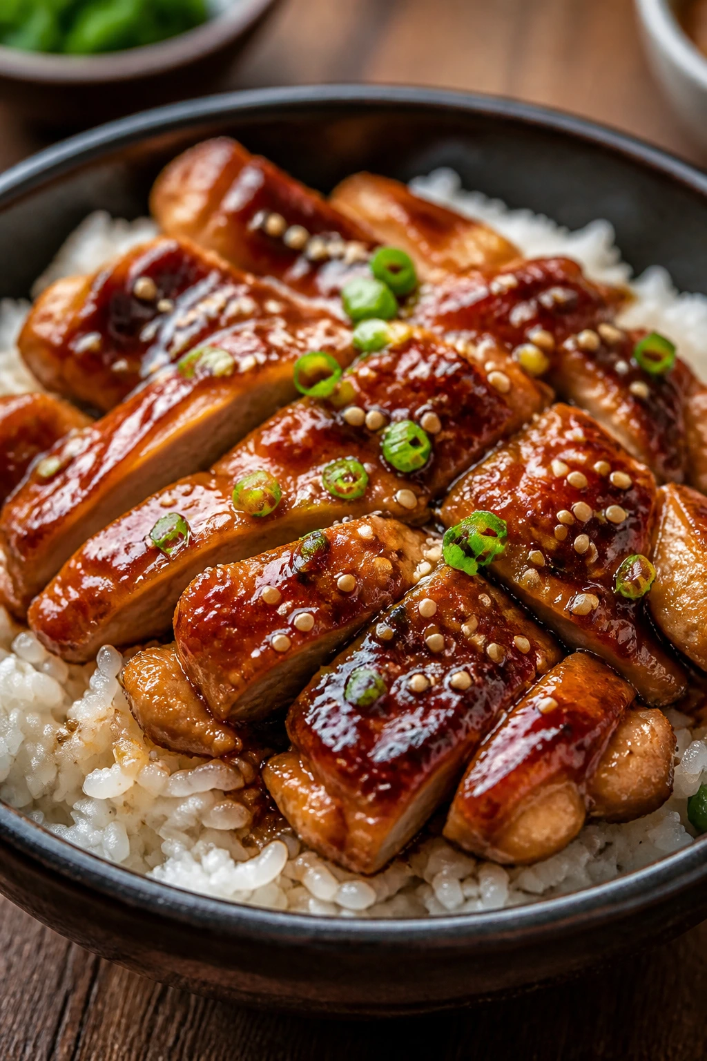 Glossy teriyaki chicken over white rice in a bowl on a kitchen table