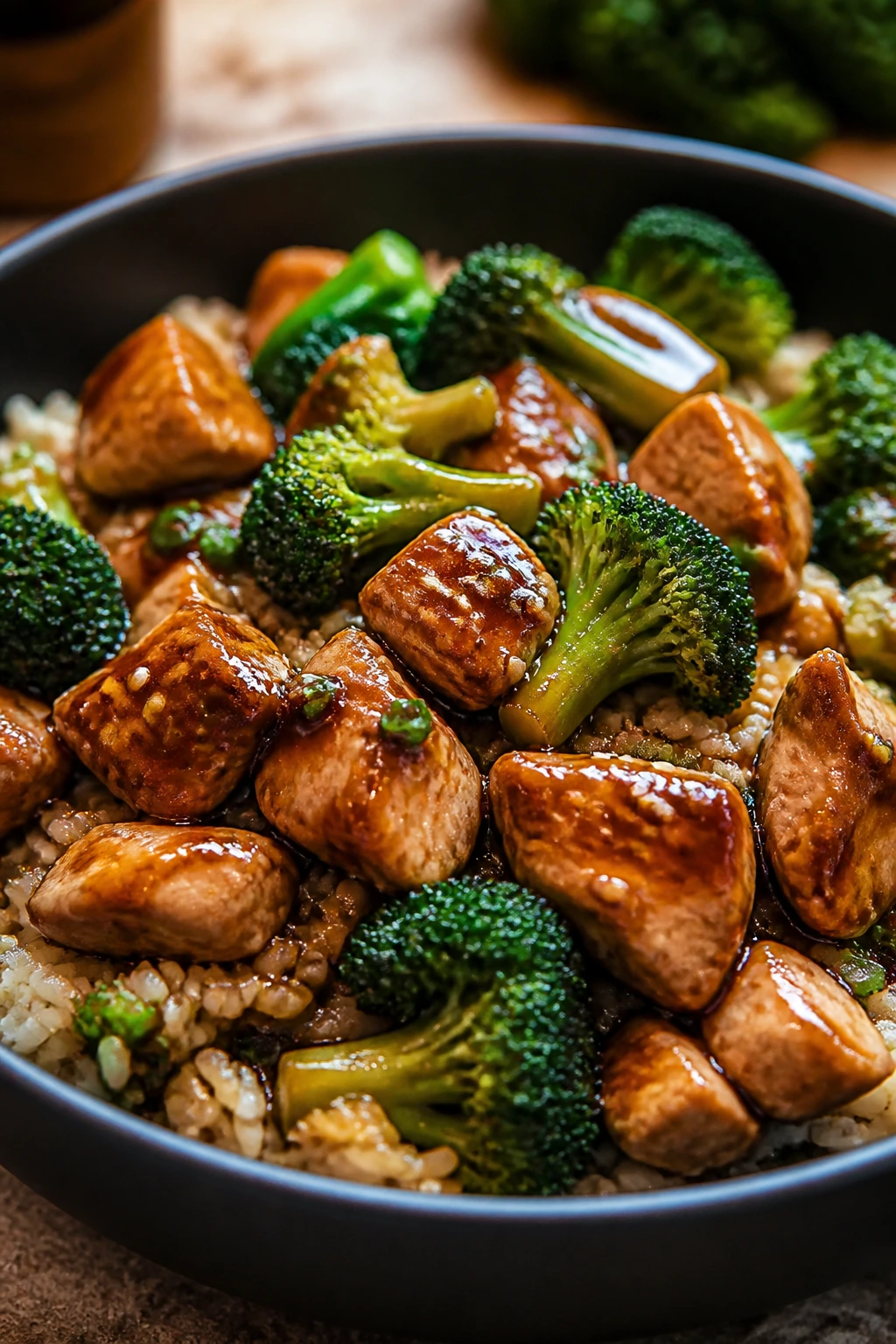 Close-up of teriyaki chicken and broccoli over rice