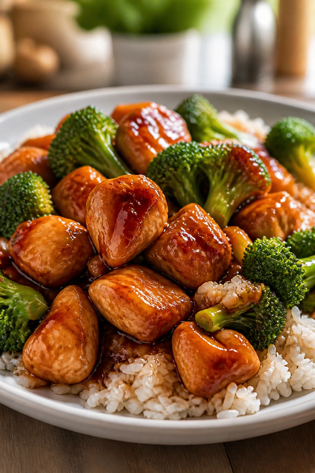 Glossy teriyaki chicken with broccoli on a plate