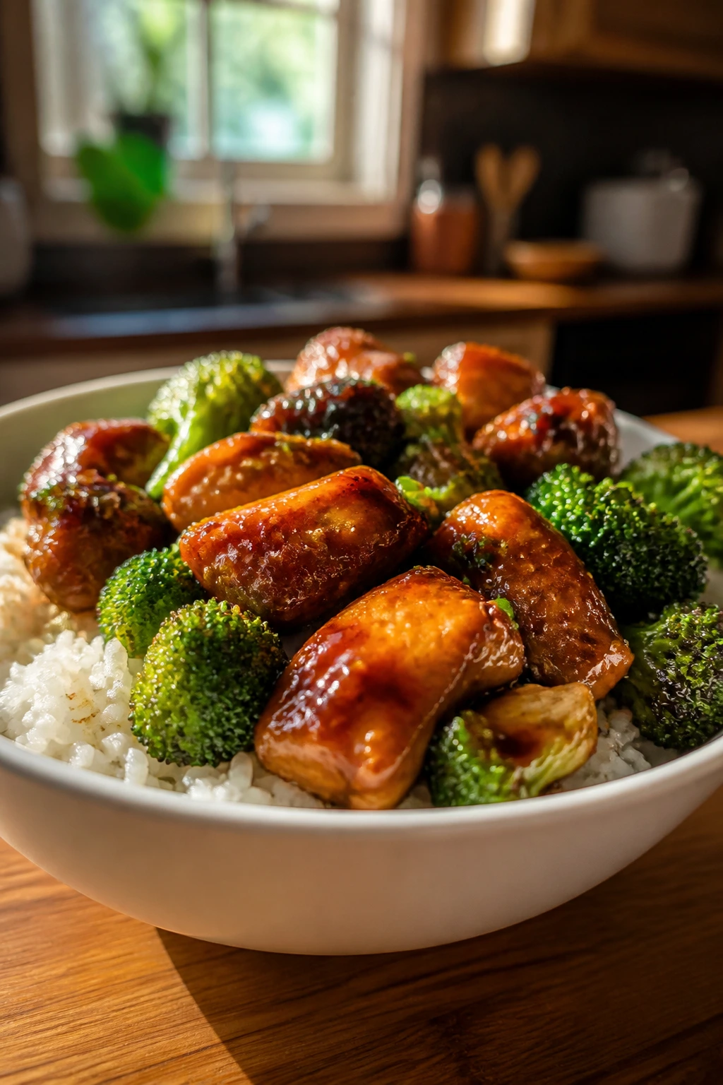 Close-up of teriyaki chicken and broccoli over rice in a bowl