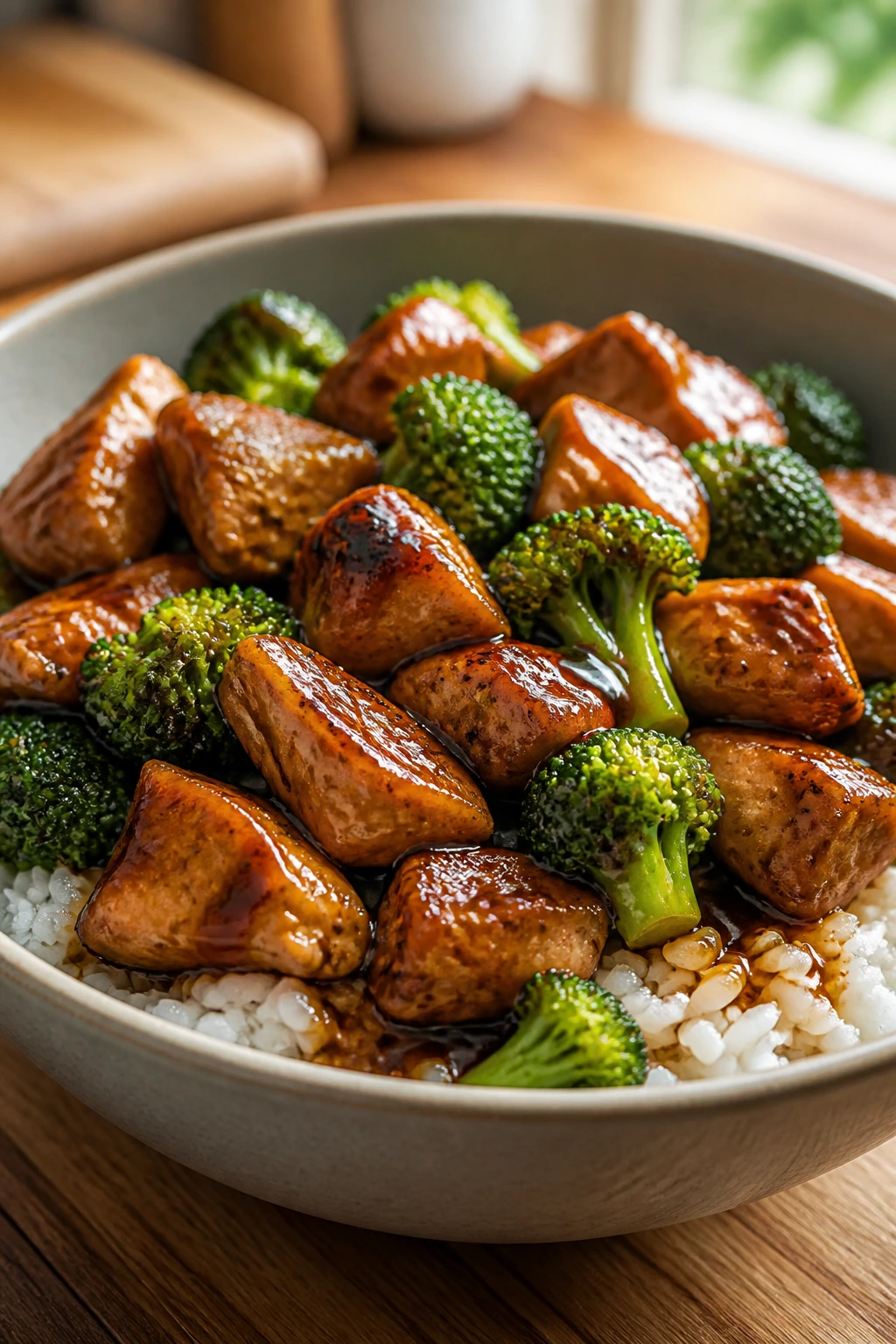 Close-up of teriyaki chicken and broccoli bowl with glossy sauce