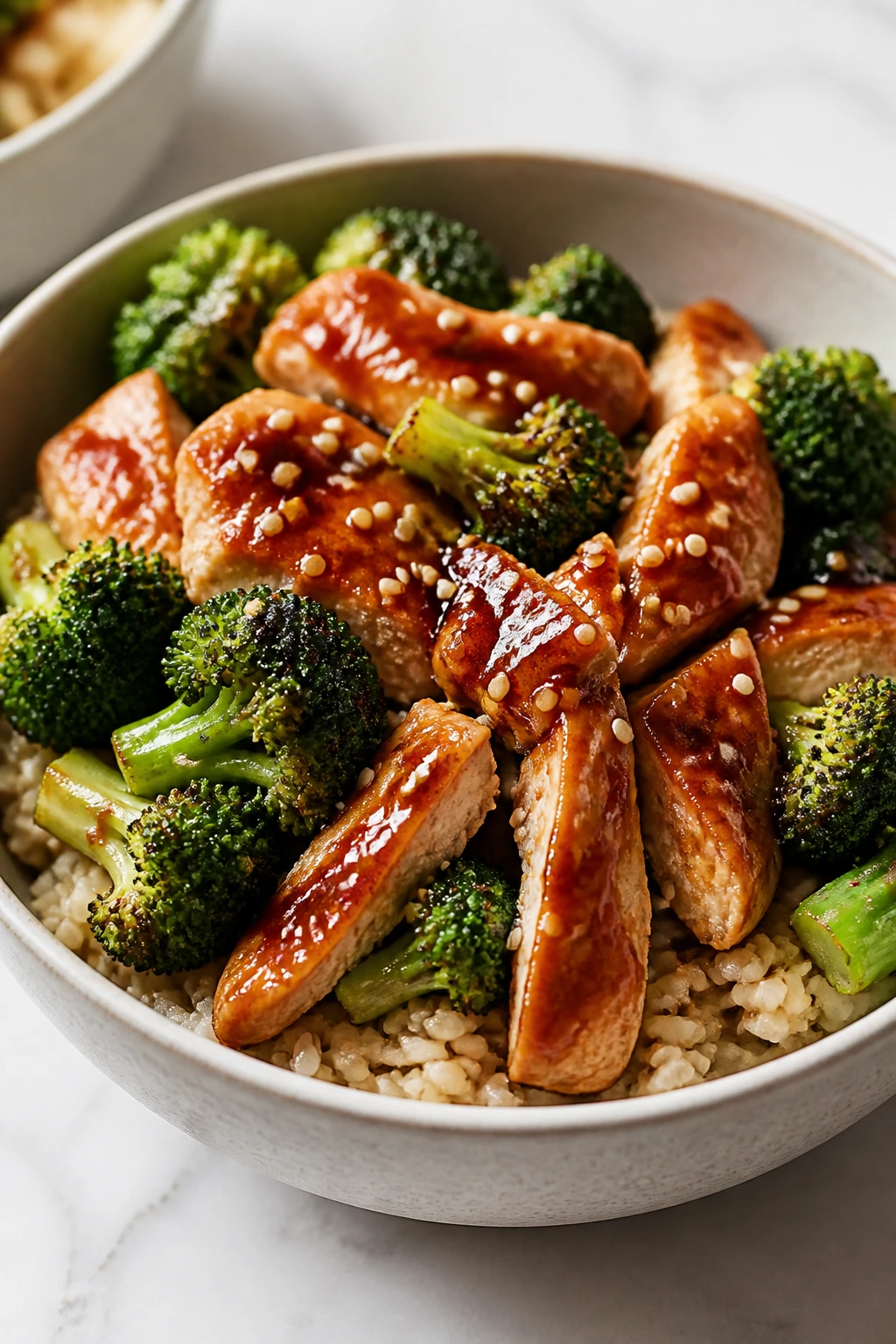 Glossy teriyaki chicken with broccoli and brown rice in a bowl