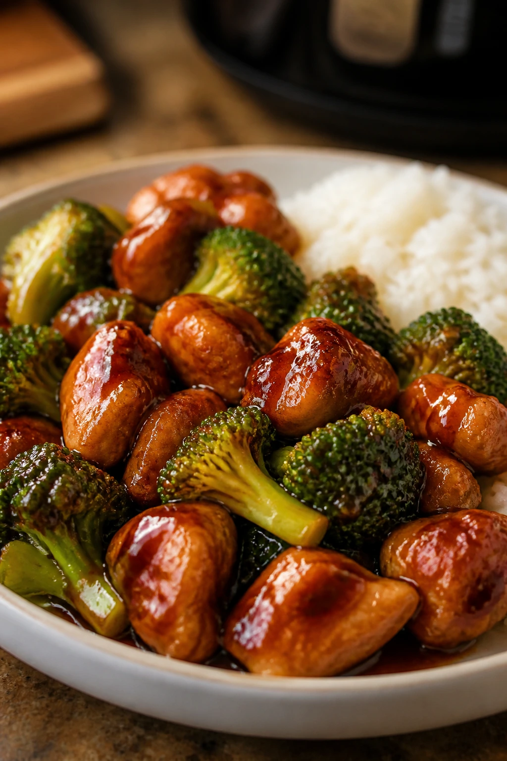 Close-up of teriyaki chicken with broccoli on a plate.