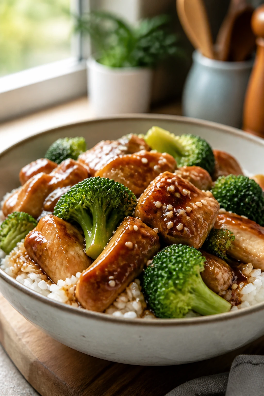 Teriyaki chicken with broccoli and rice in a bowl