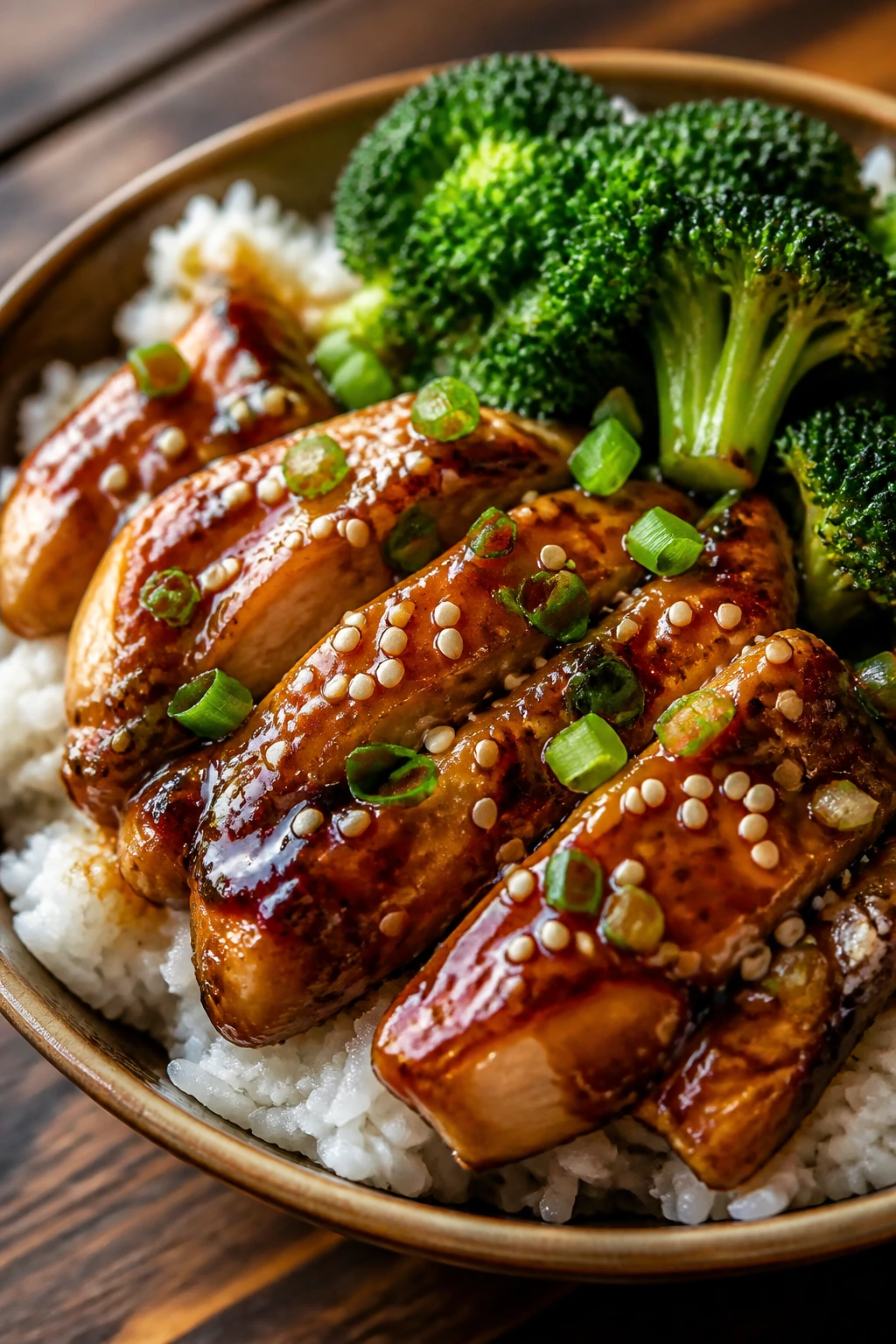 Teriyaki chicken broccoli rice bowl close-up