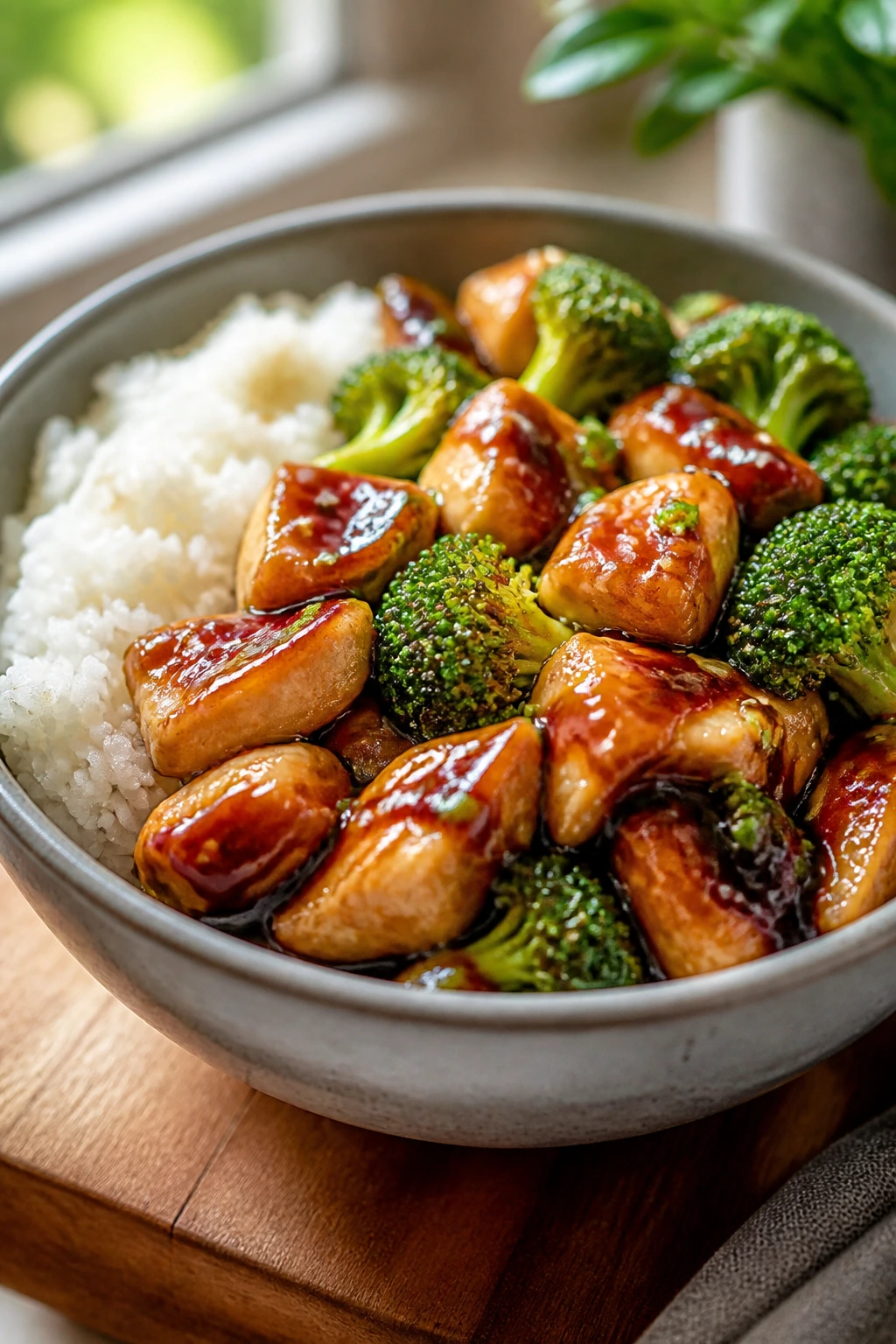 Close-up of teriyaki chicken and broccoli over rice in a bowl