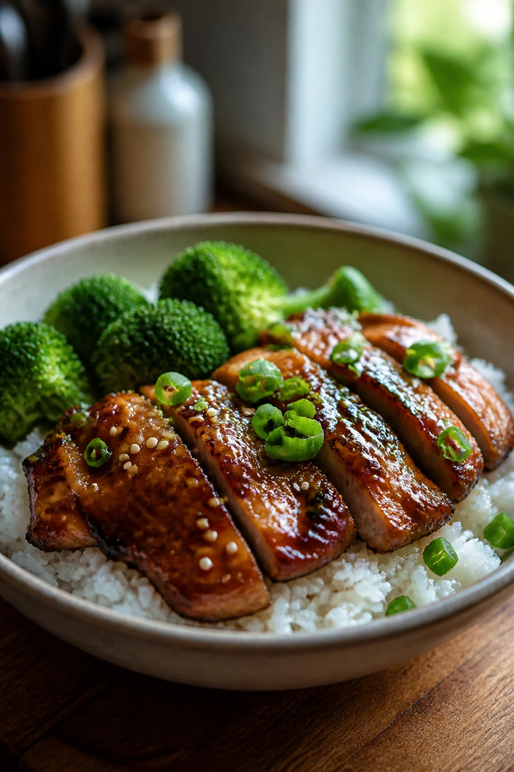 Close-up Teriyaki Chicken Rice Bowls with broccoli and sesame seeds on rice