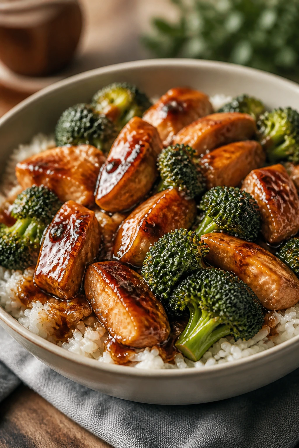 Teriyaki chicken with broccoli and jasmine rice in bowl