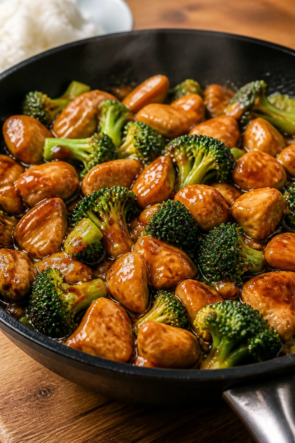 Close-up of glossy teriyaki chicken with broccoli in a skillet.