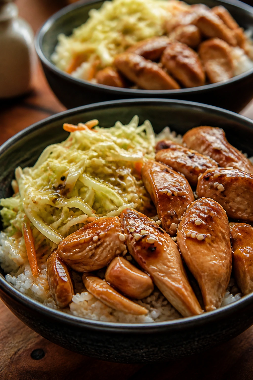 Two bowls of teriyaki chicken with cabbage and rice on a warm kitchen counter