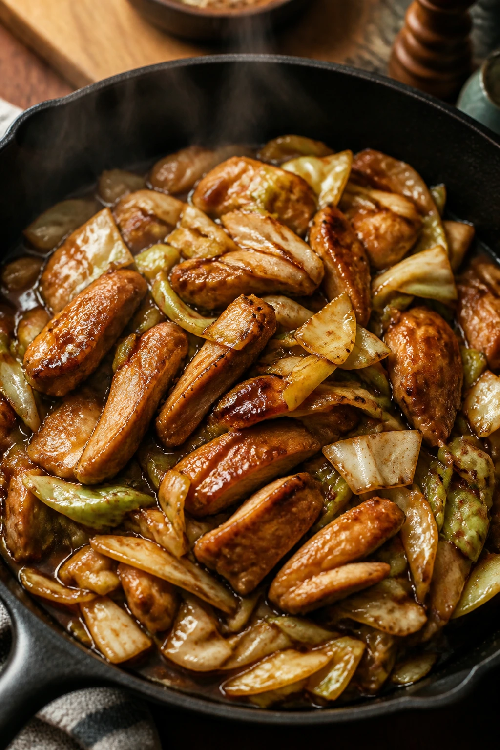 Close-up of teriyaki chicken with cabbage in skillet
