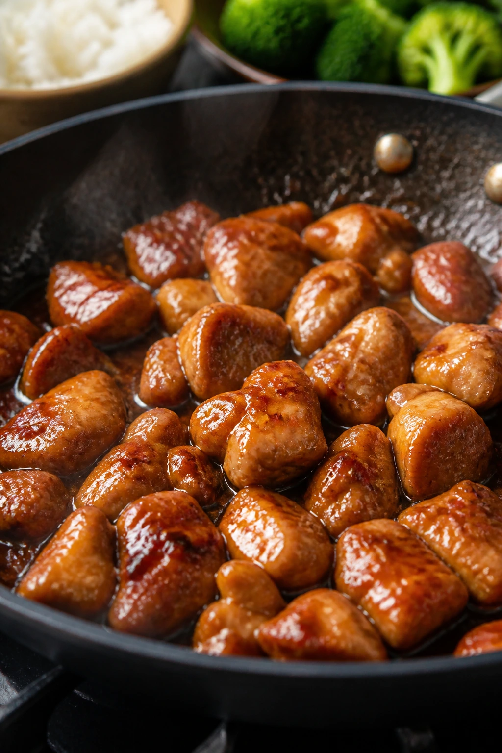 Glossy teriyaki glazed chicken in skillet during cooking