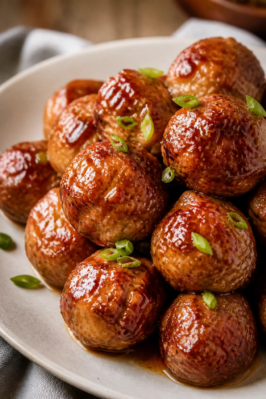 Close-up of glossy teriyaki chicken meatballs on a plate