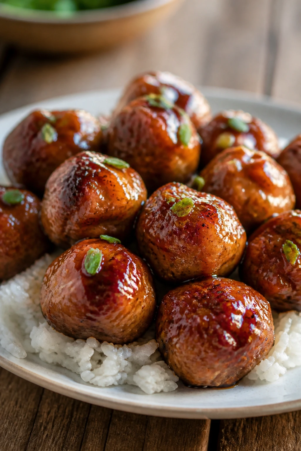 Glossy teriyaki chicken meatballs on plate