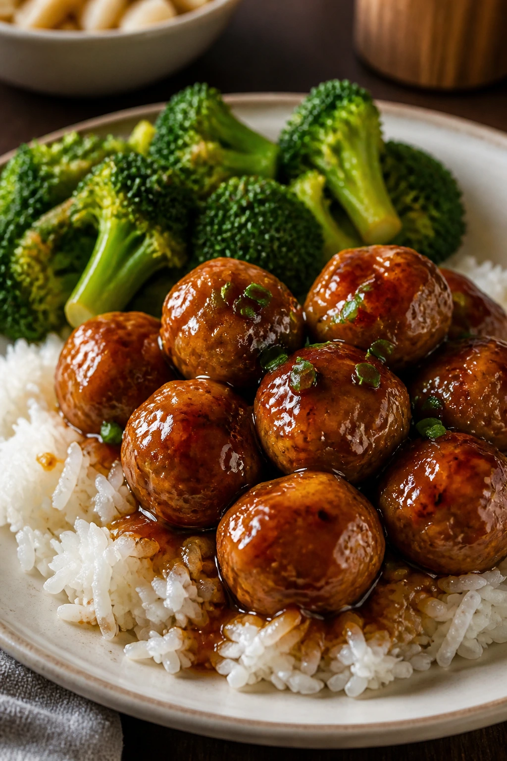 Teriyaki chicken meatballs with broccoli and rice on a plate