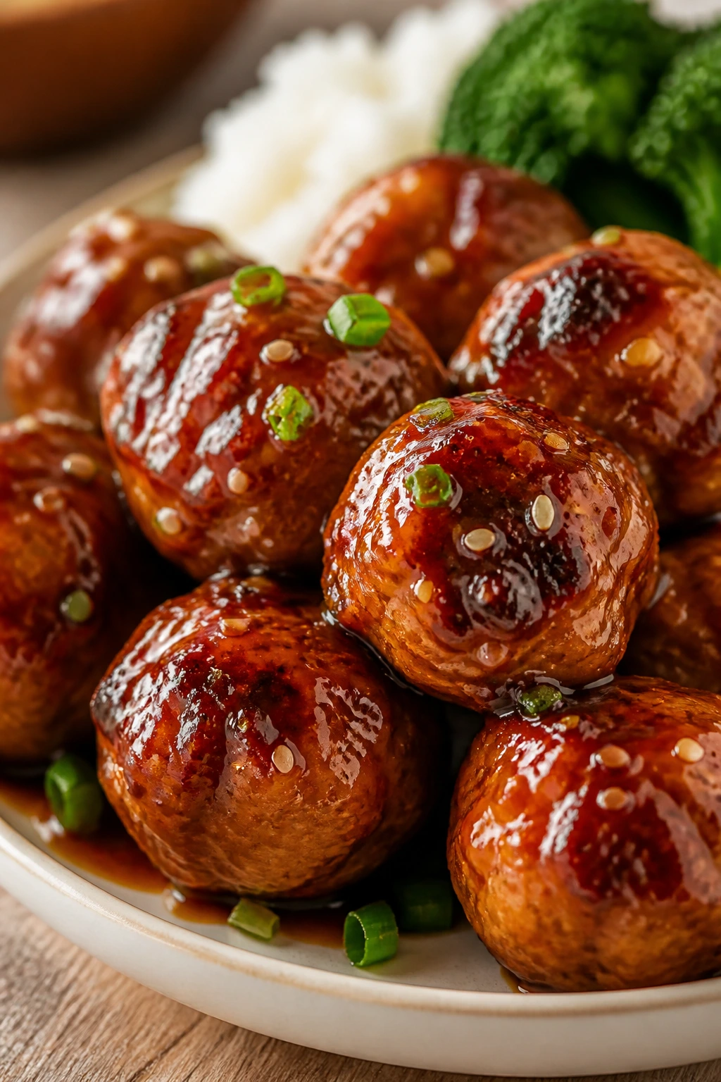 Close-up of teriyaki chicken meatballs with glossy glaze