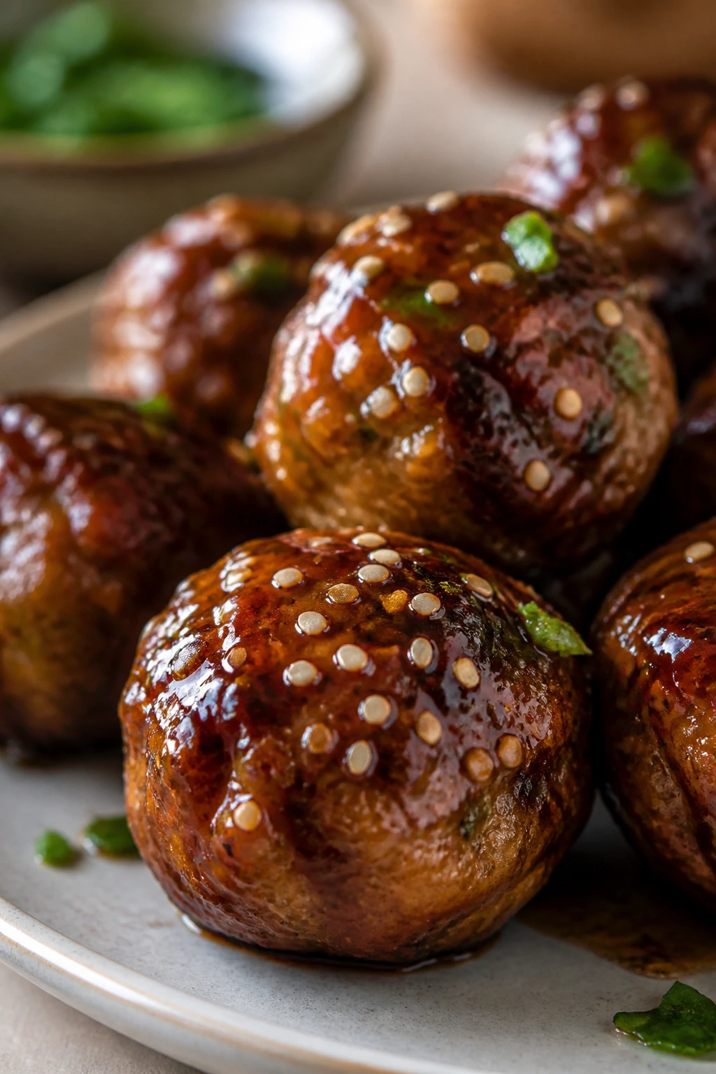 Glazed teriyaki chicken meatball on plate