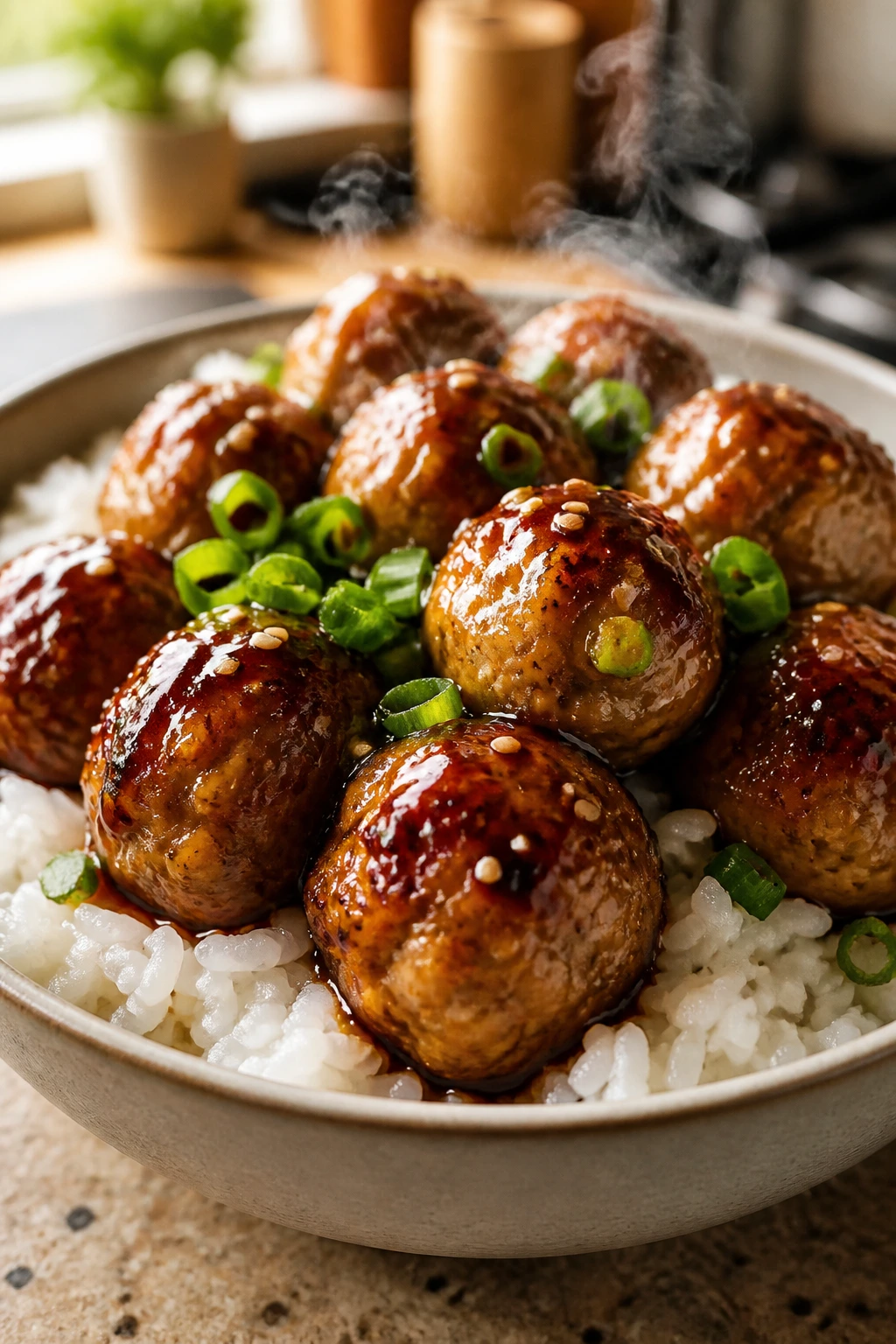 Close-up of teriyaki chicken meatballs served over rice with glossy glaze