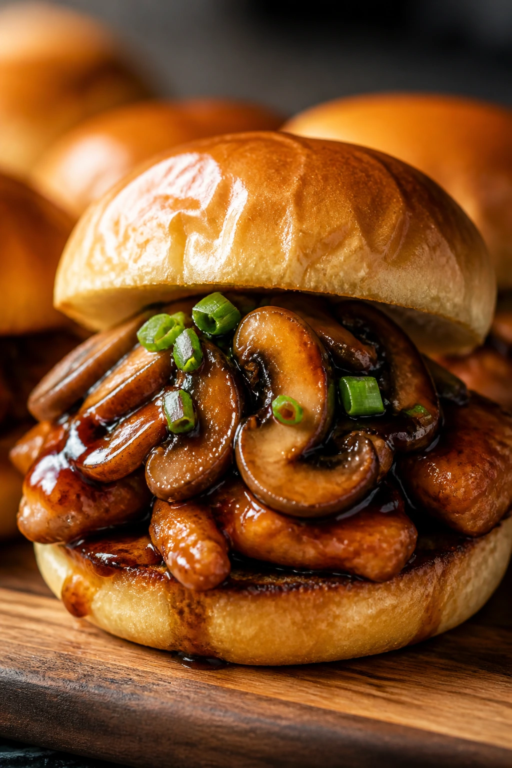 Close-up of teriyaki chicken and mushroom slider
