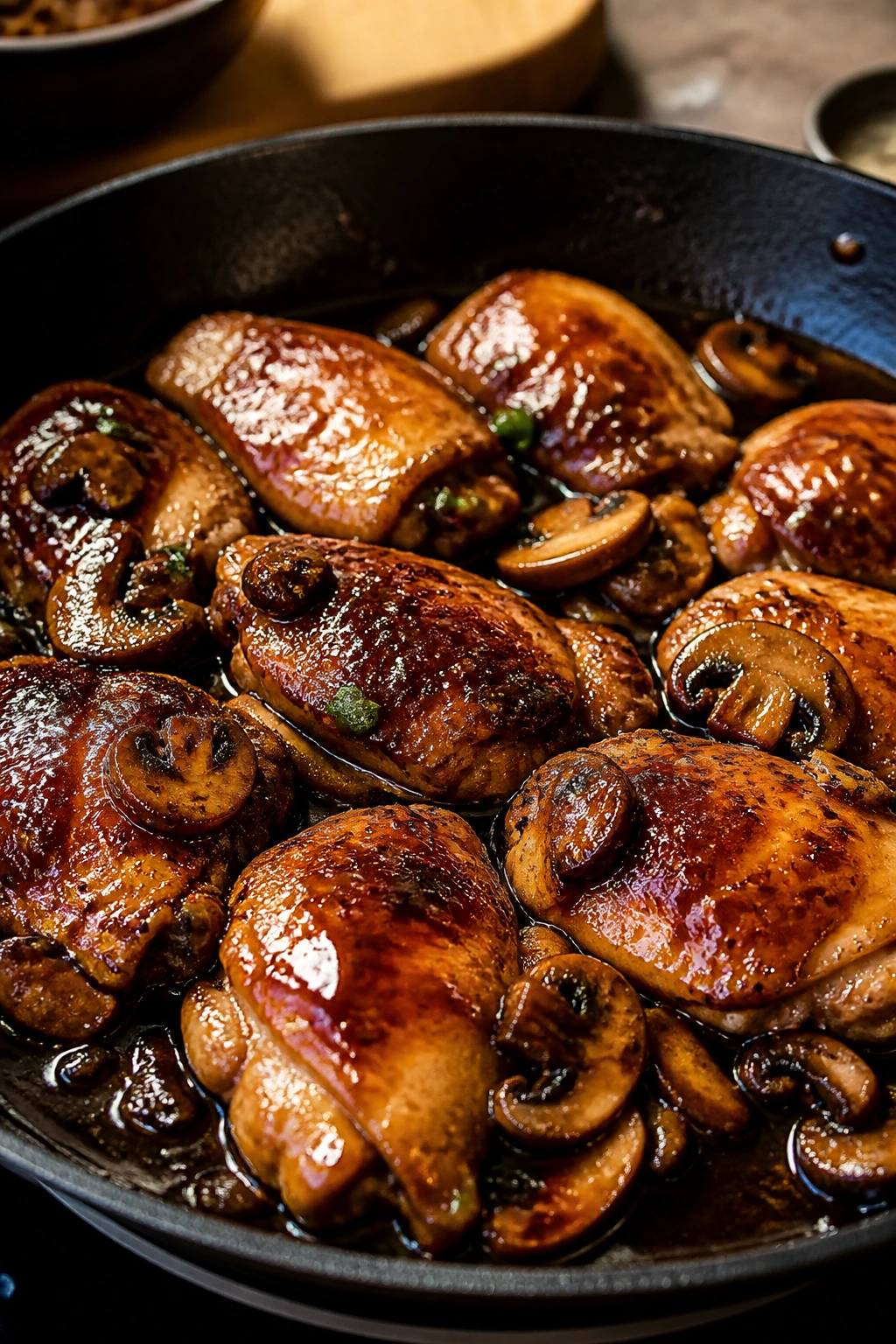 Teriyaki chicken with mushrooms in glossy glaze