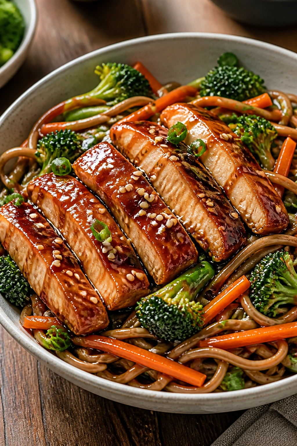 Teriyaki chicken noodles with broccoli in a bowl