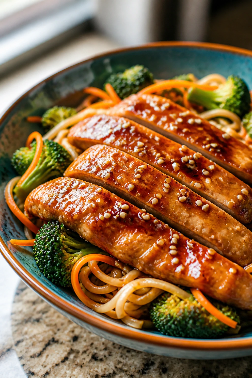 Teriyaki chicken tender noodles bowl with broccoli and carrots