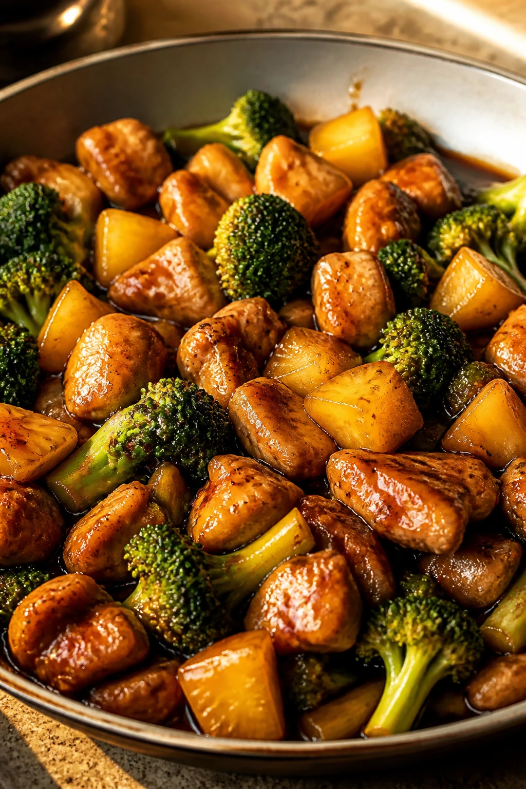 Teriyaki chicken with pineapple and broccoli in a glaze