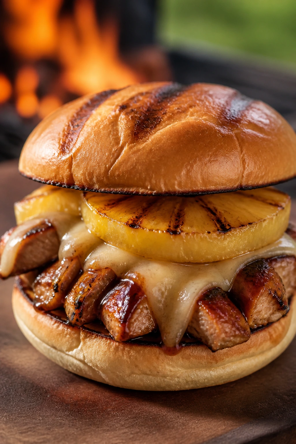 Teriyaki chicken and pineapple sandwich with glossy glaze and pineapple slices