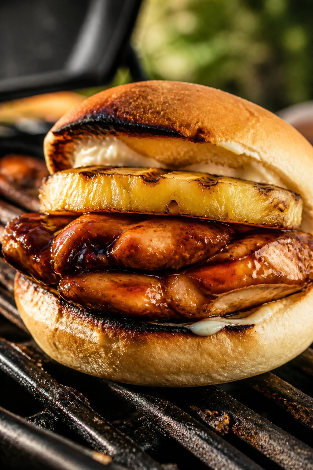 Close-up of teriyaki chicken and pineapple sandwich with glossy sauce on a toasted roll.