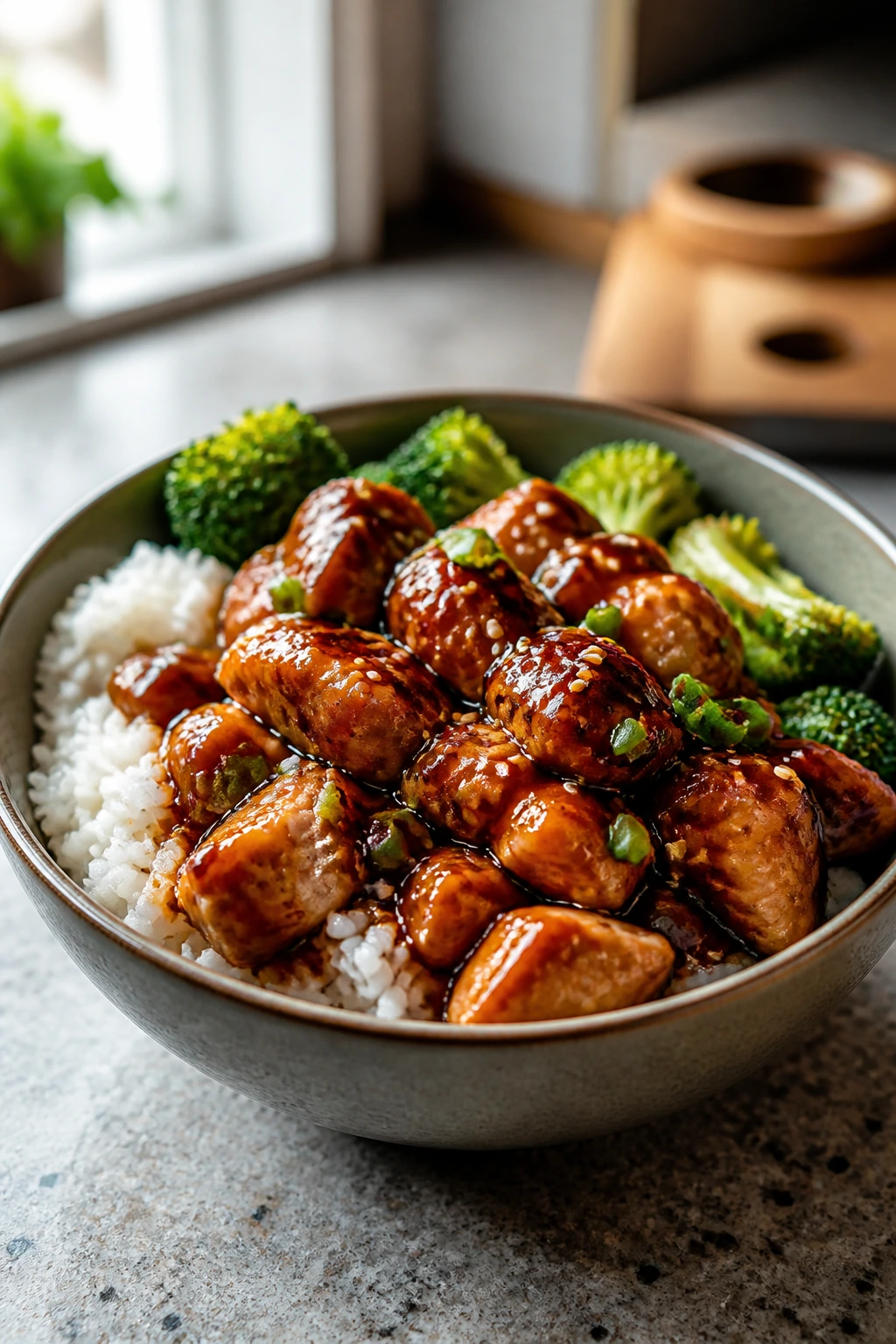 Close-up of teriyaki chicken rice bowl with broccoli on a kitchen counter