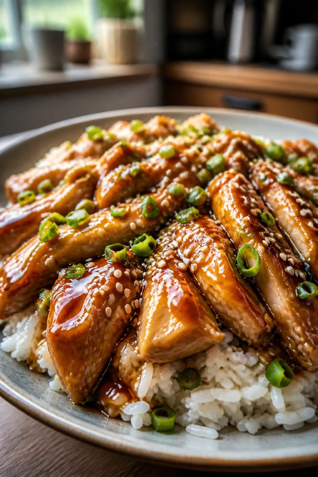 Close-up Teriyaki Chicken with glaze sesame over rice