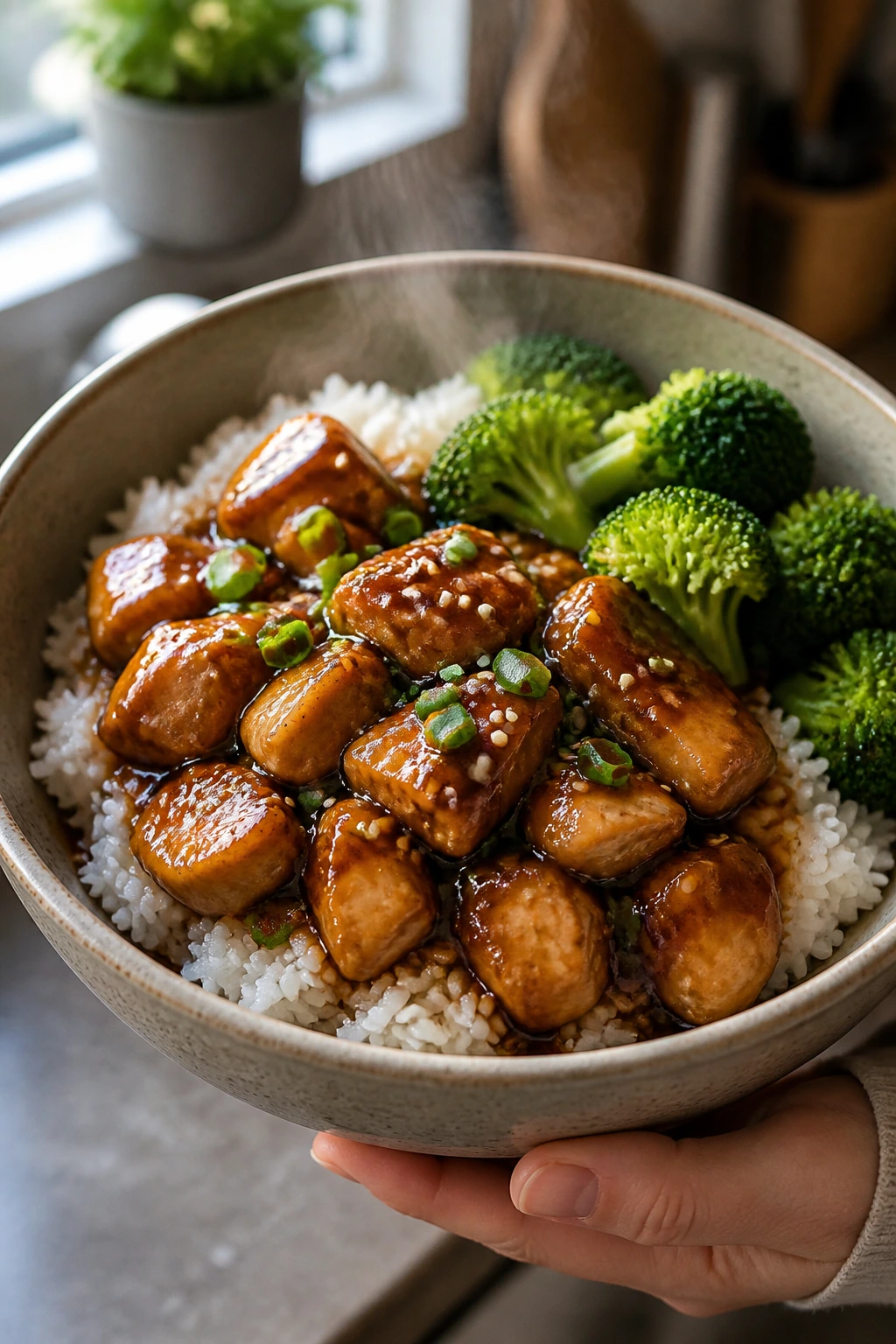 Close-up of teriyaki chicken rice bowl with broccoli