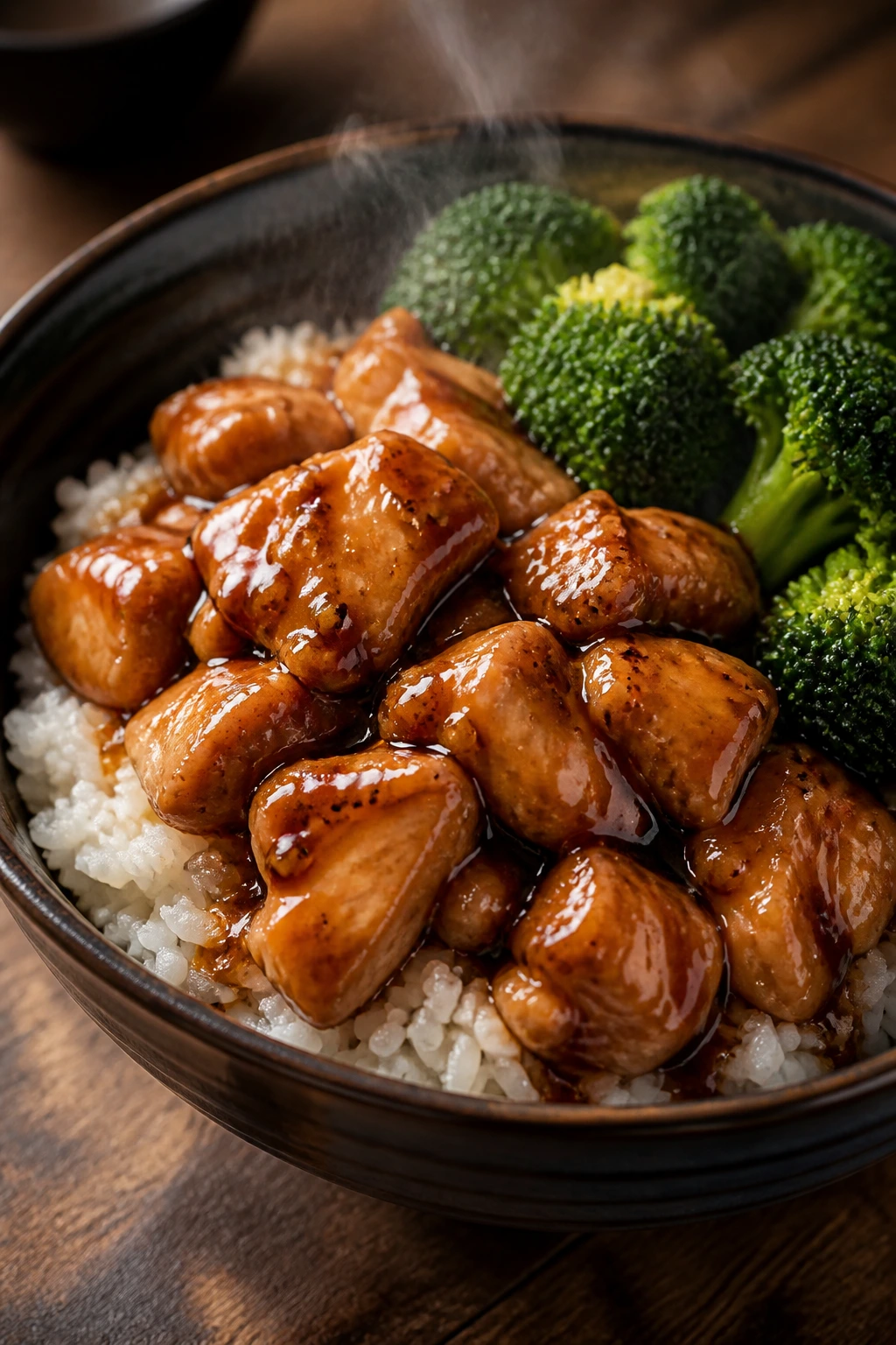 Close-up of teriyaki chicken and broccoli over rice in a bowl