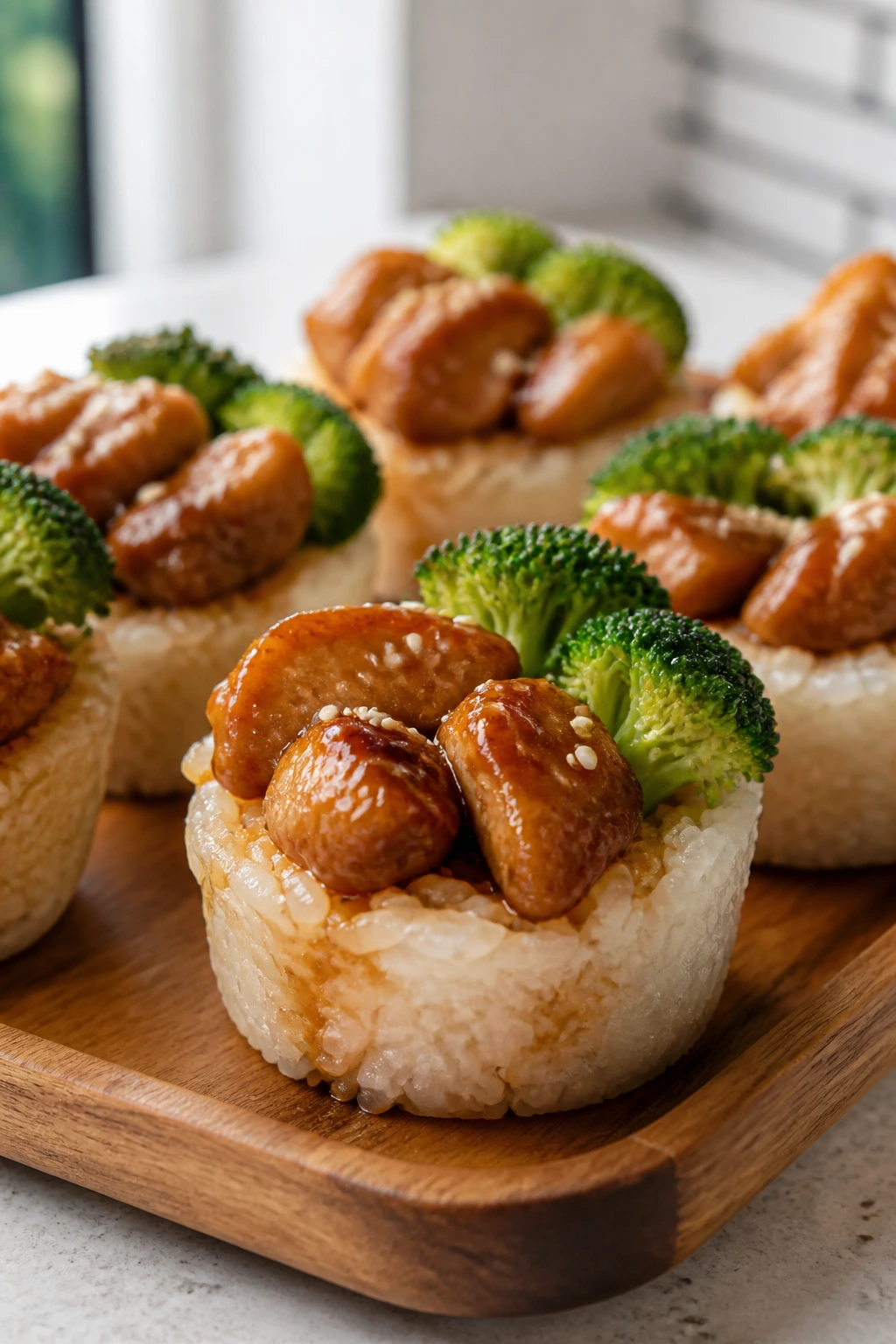 Teriyaki chicken rice cups with broccoli in a bright kitchen