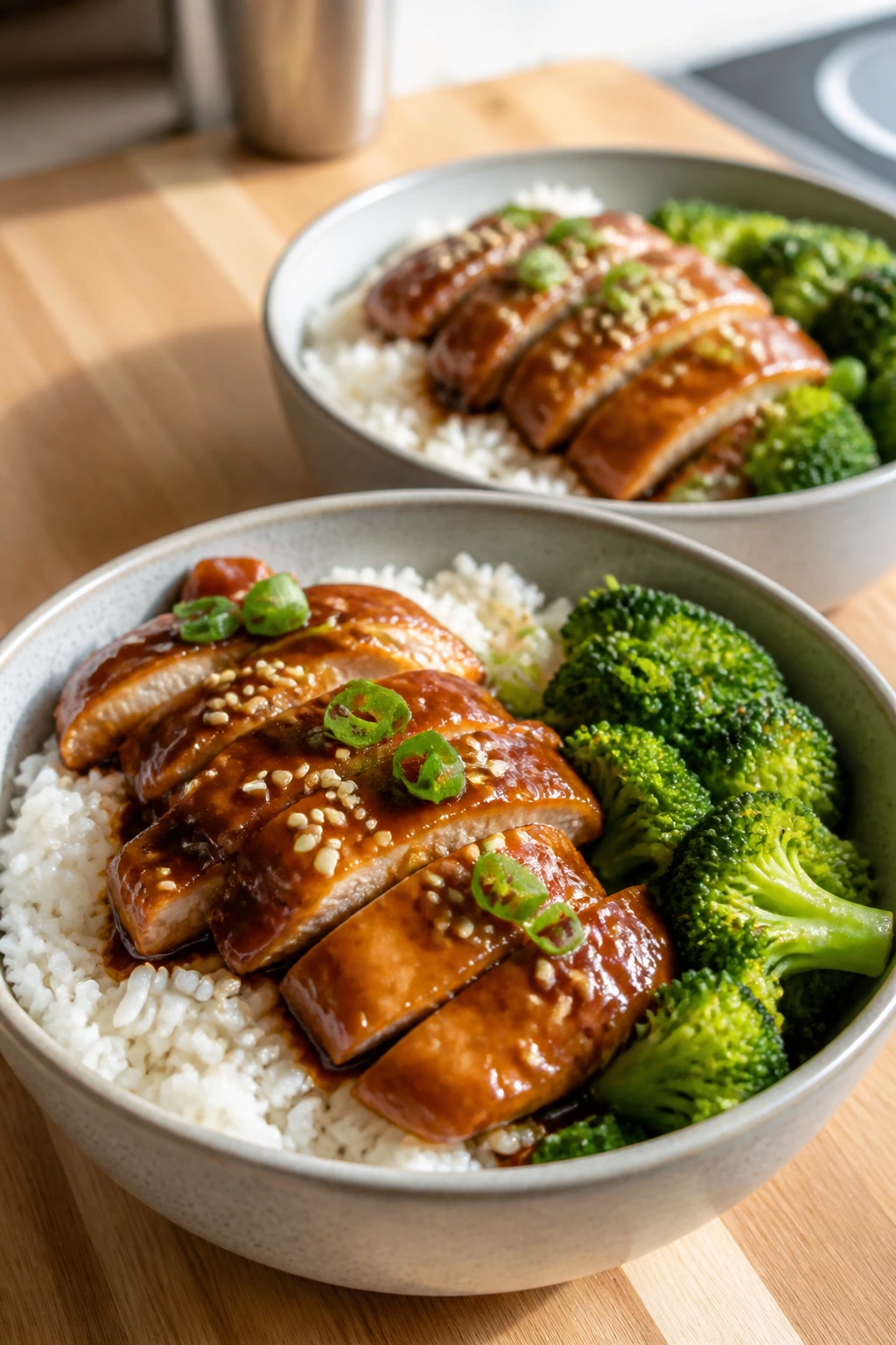 Two teriyaki chicken rice bowls with broccoli on a wooden counter