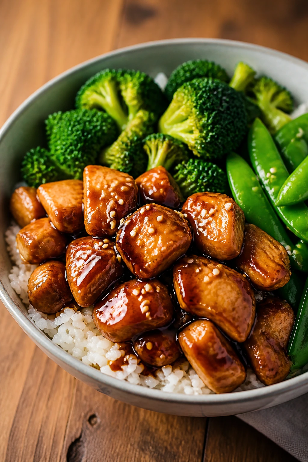 Teriyaki chicken over rice with vegetables in a bowl on a wooden table