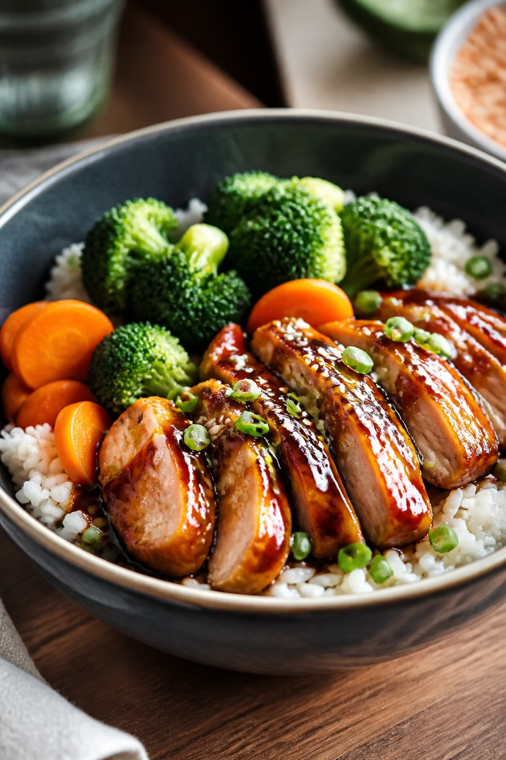 Teriyaki chicken rice bowl with broccoli and carrots in a glossy sauce