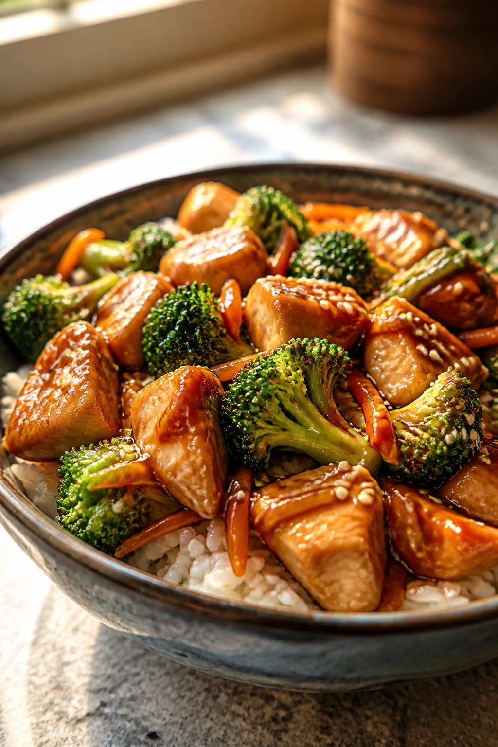 Medium-close-up of Teriyaki Chicken Rice Bowl with rice, chicken, broccoli, and carrots