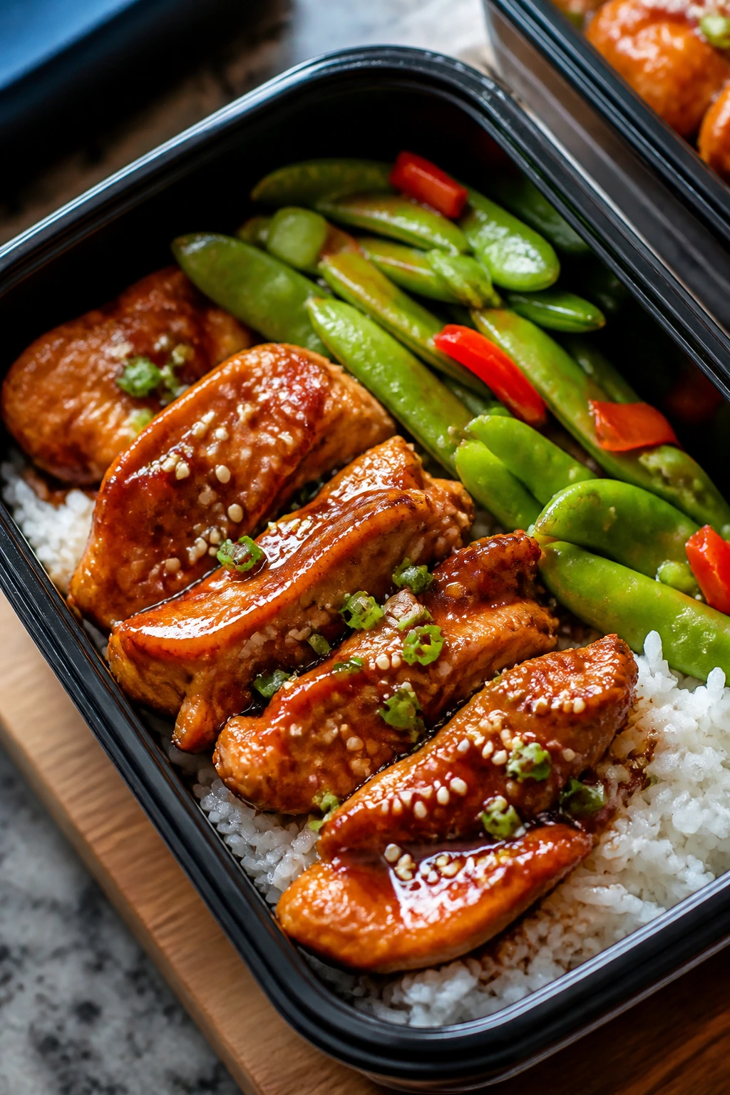 Close-up of teriyaki chicken with rice and snap peas in a meal-prep box