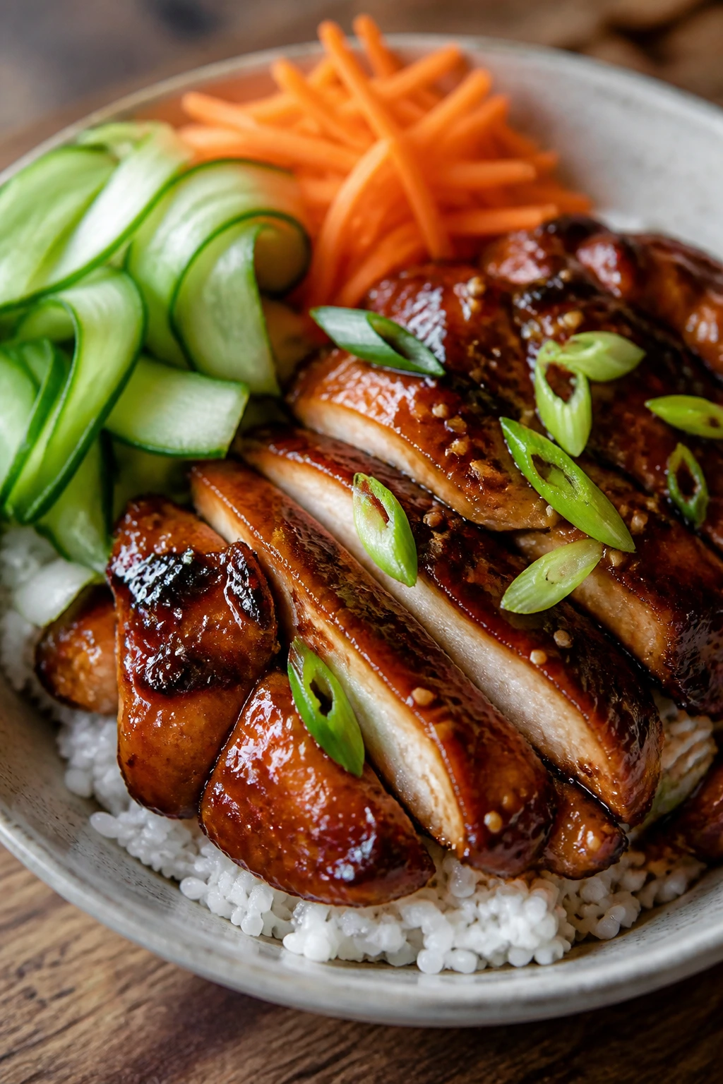 Close-up of teriyaki chicken rice bowl with rice and toppings
