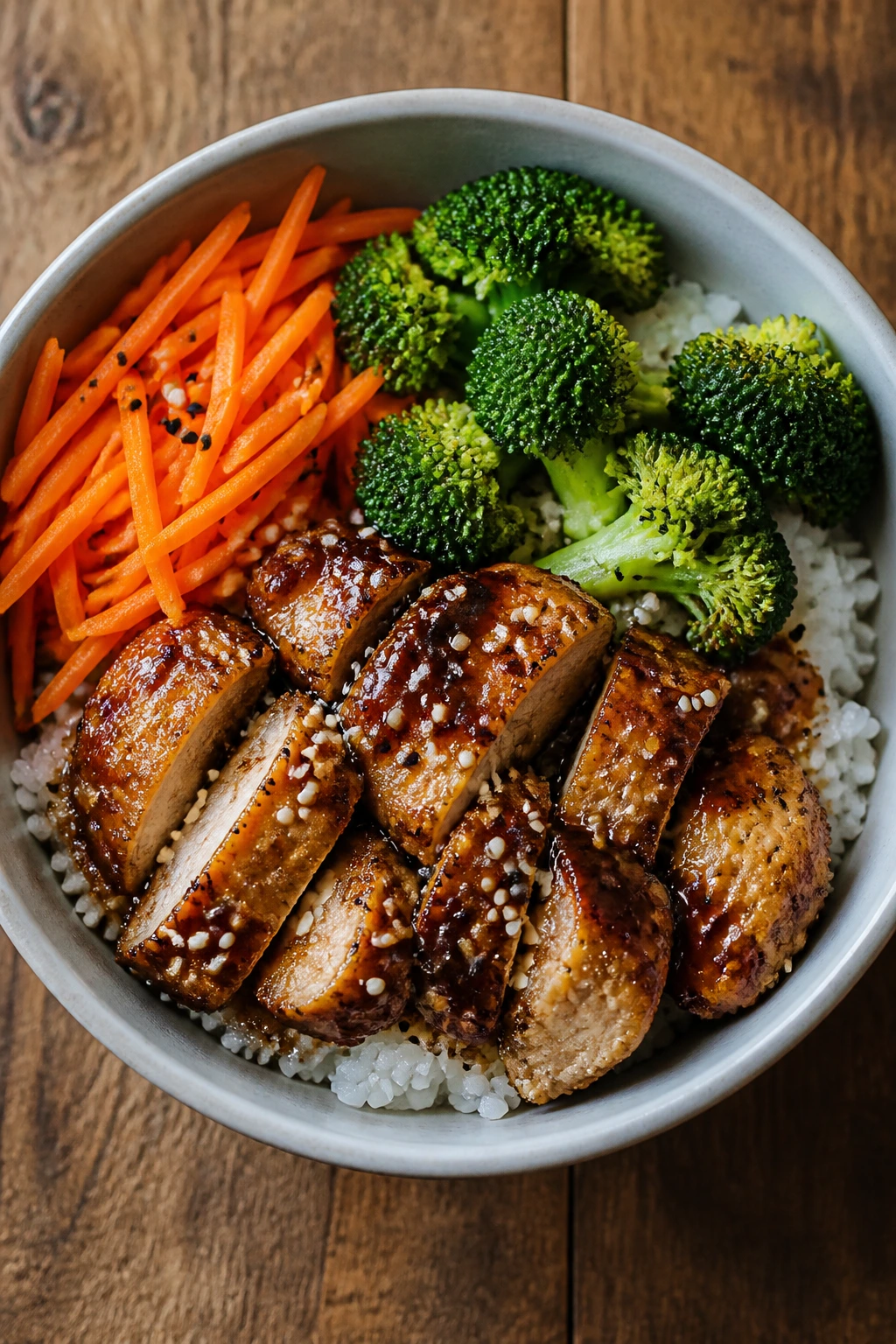 Teriyaki chicken rice bowl with rice, broccoli, carrots and sesame seeds