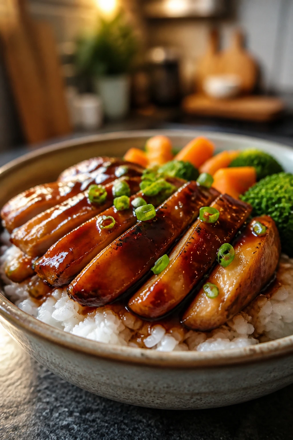 Glossy teriyaki chicken over white rice in a bowl on a warm kitchen counter