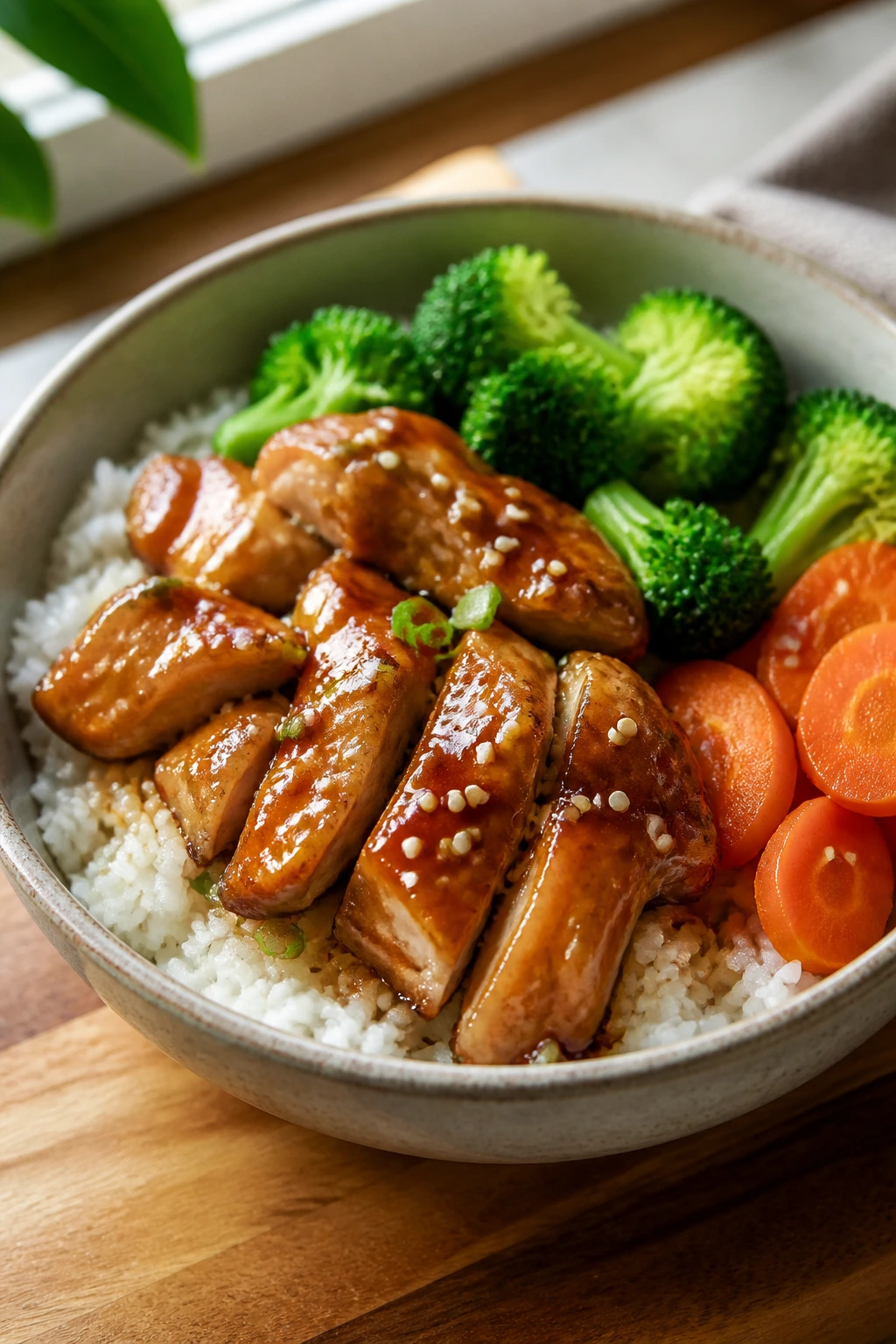 Close-up of teriyaki chicken rice bowl with broccoli and carrots
