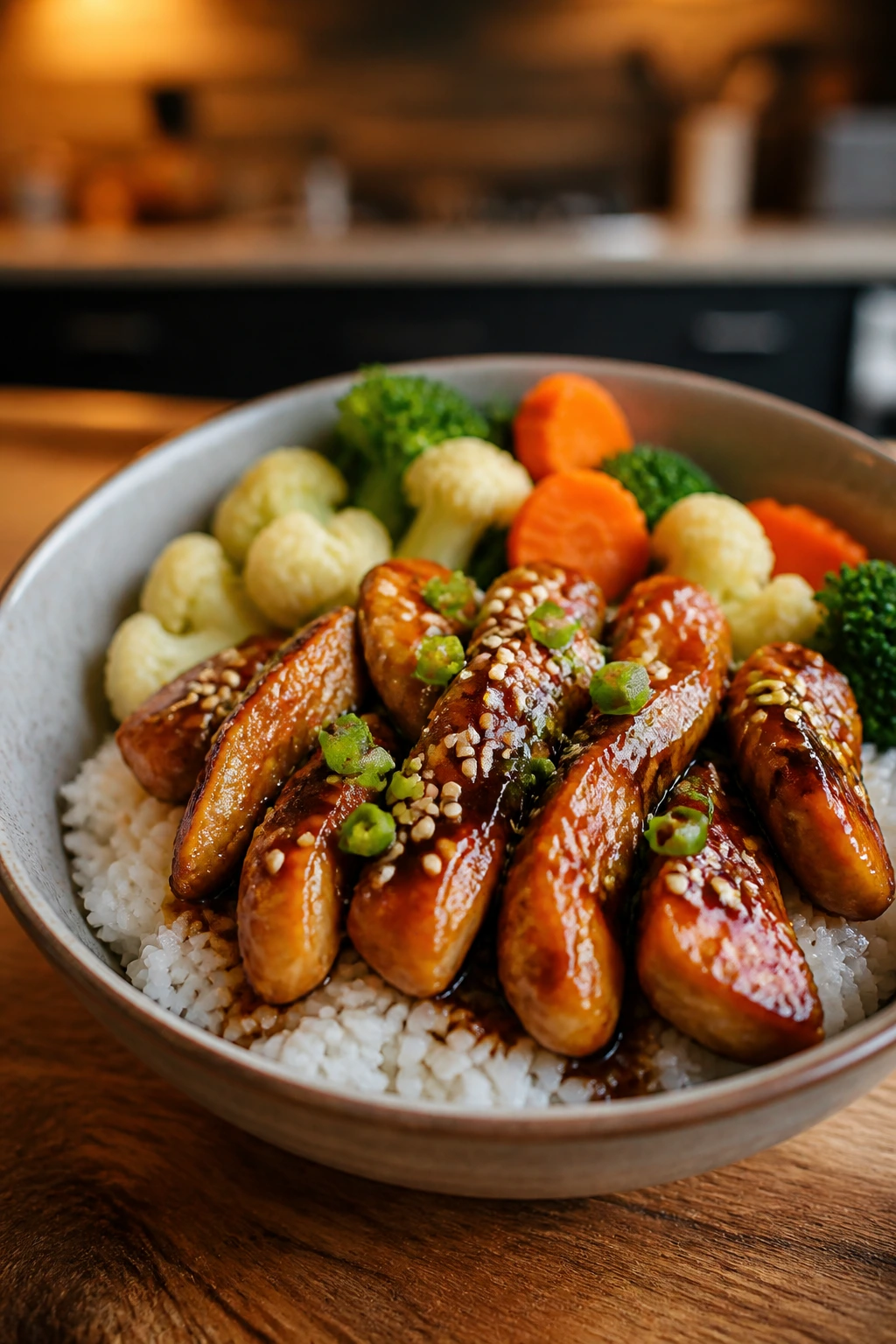 Teriyaki chicken rice bowl with glossy sauce on white rice in a cozy home setting.