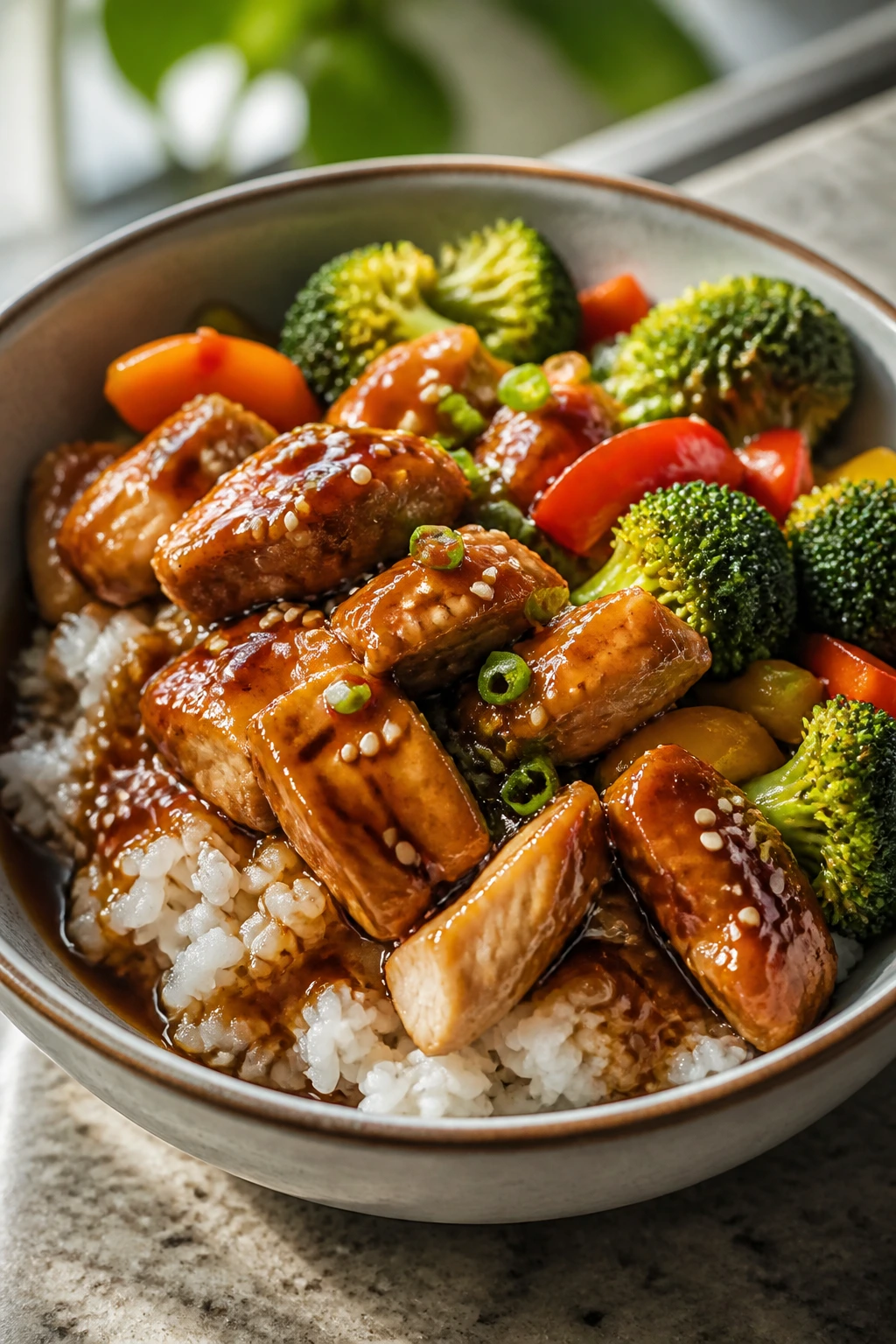 Teriyaki chicken rice bowl with broccoli and peppers