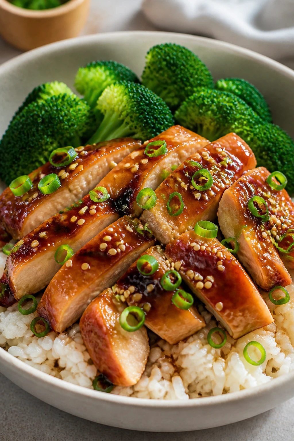 Close-up of teriyaki chicken rice bowl with broccoli on a kitchen counter