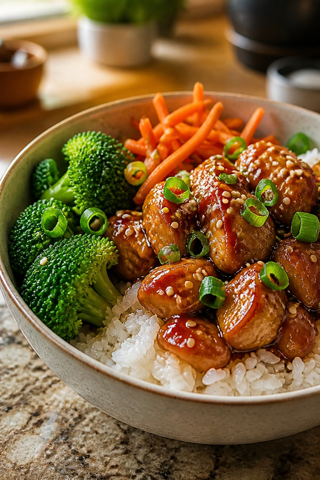 Close-up of teriyaki chicken rice bowl with broccoli and carrot